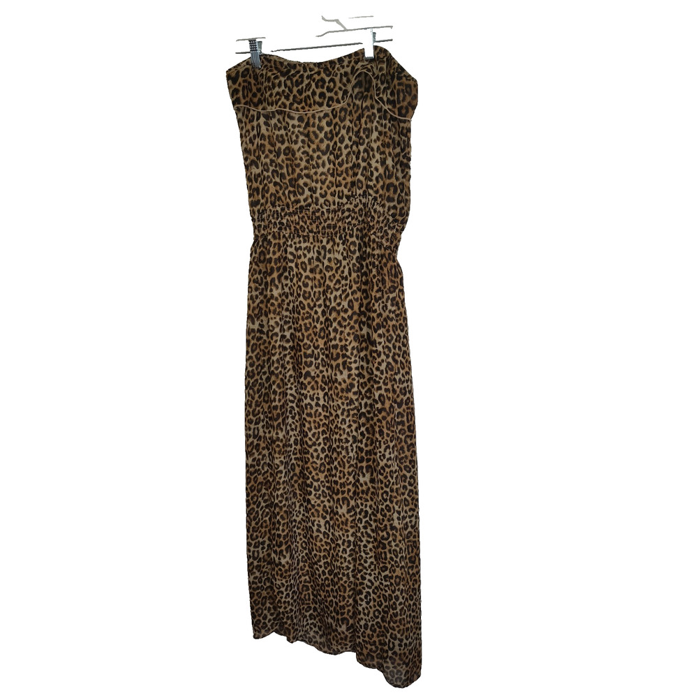 Strapless Leopard Print Maxi Dress Sz LARGE Chiffon Ruffle Lined Animal Print